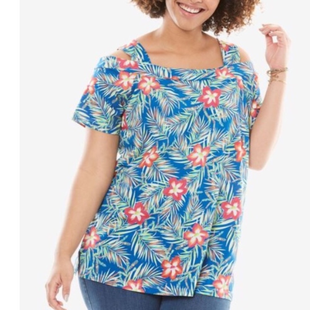 New Plus Size off the shoulder tunic, blue and orange floral
